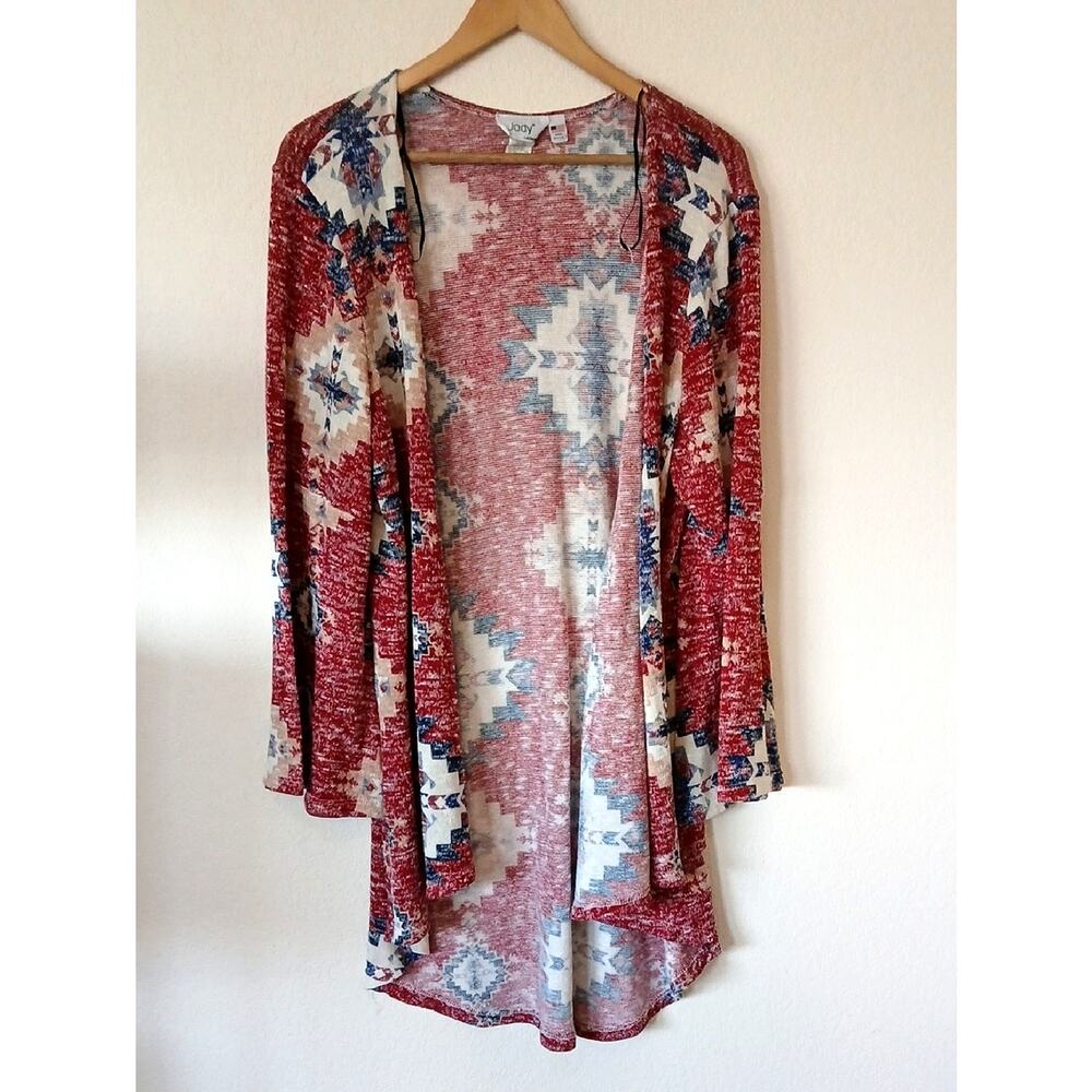 Jody California Vintage Y2K Aztec Print Lightweight Duster Cardigan Sweater